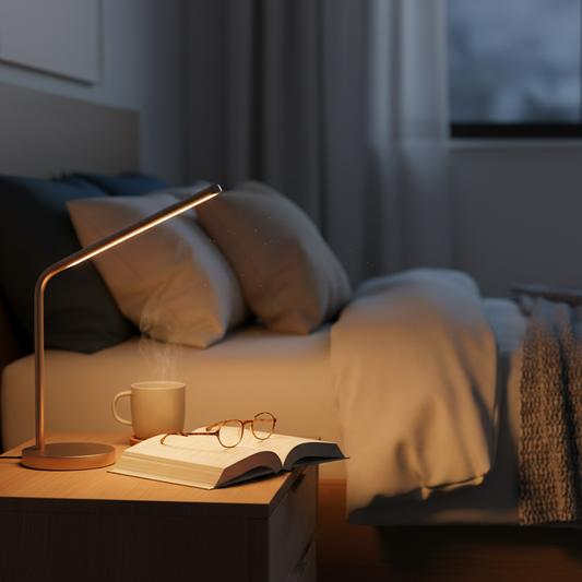 Lampe allumée sur table de nuit