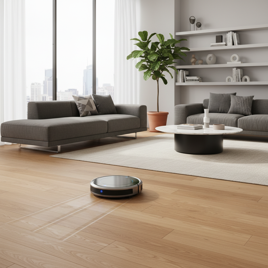 Aspirateur robot en action sur parquet